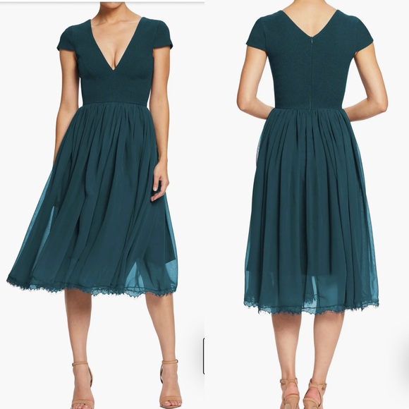 Dress the Population Corey Chiffon Fit &‎ Flare Cocktail Dress in Pine - Picture 1 of 14